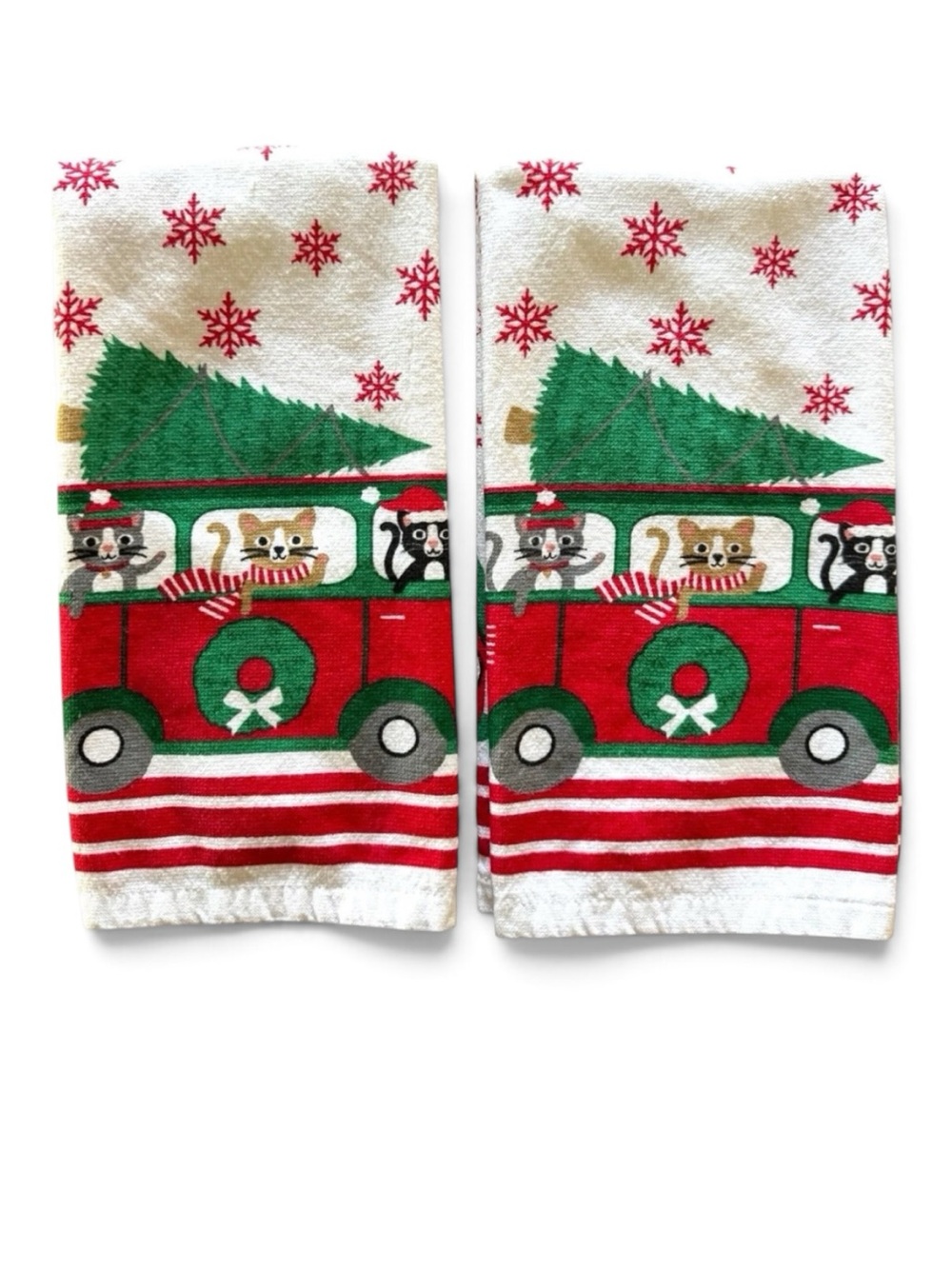 Casaba Christmas Cats Volkswagen Van VW Bus Kitchen Towels Set Of 2 Holiday